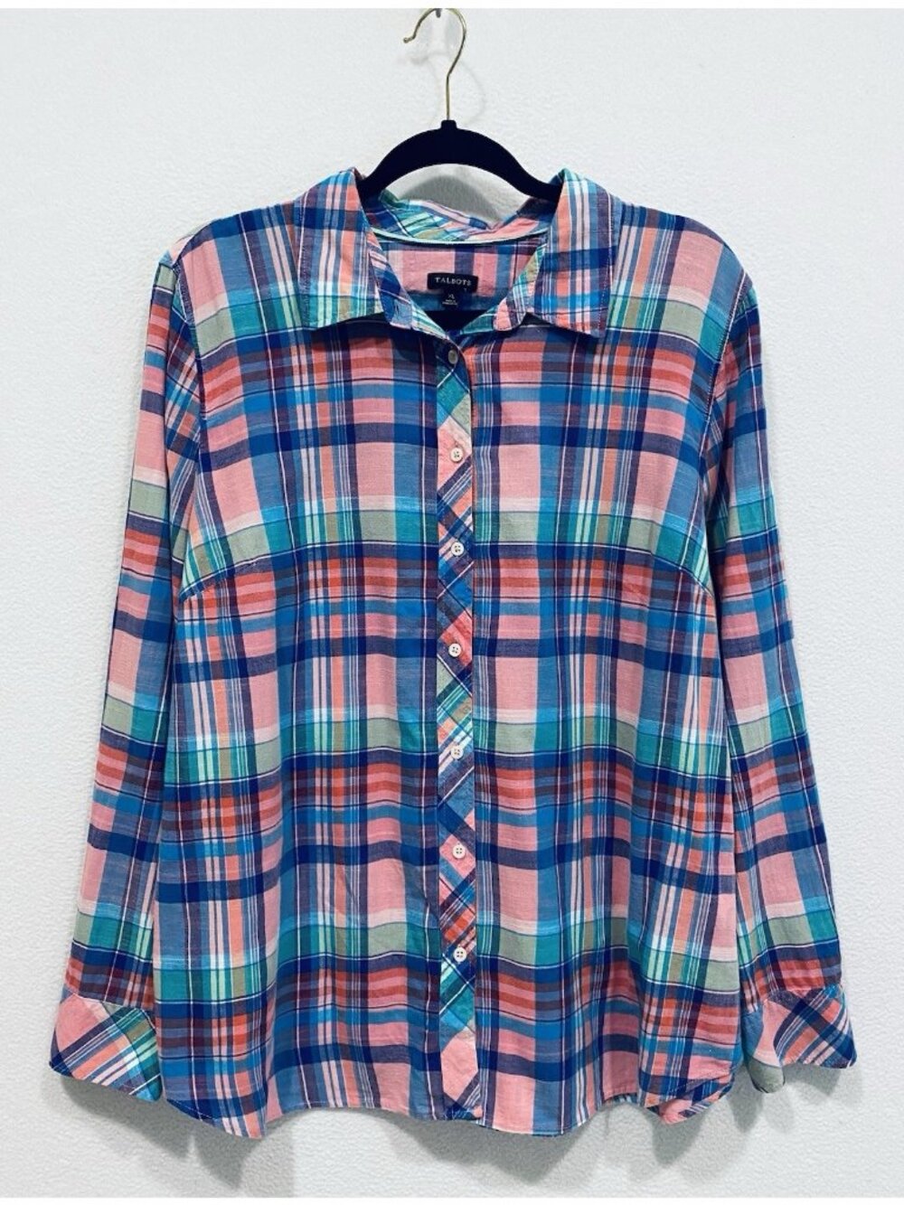 Talbots Top Womens XL Plaid Madras Cotton Button Up Long Sleeve Preppy Beachy - Picture 2 of 7